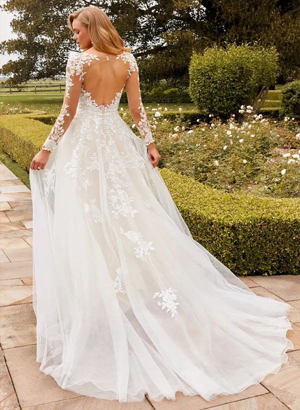 Hole Back A-Line Wedding Dress With Illusion Long Sleeves