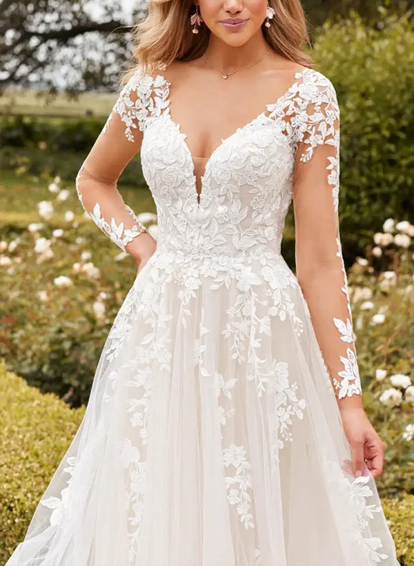 Hole Back A-Line Wedding Dress With Illusion Long Sleeves