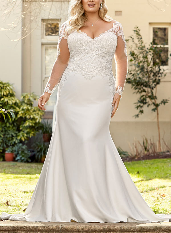 Plus Size Mermaid Lace Long Sleeves Wedding Dresses With V Neck