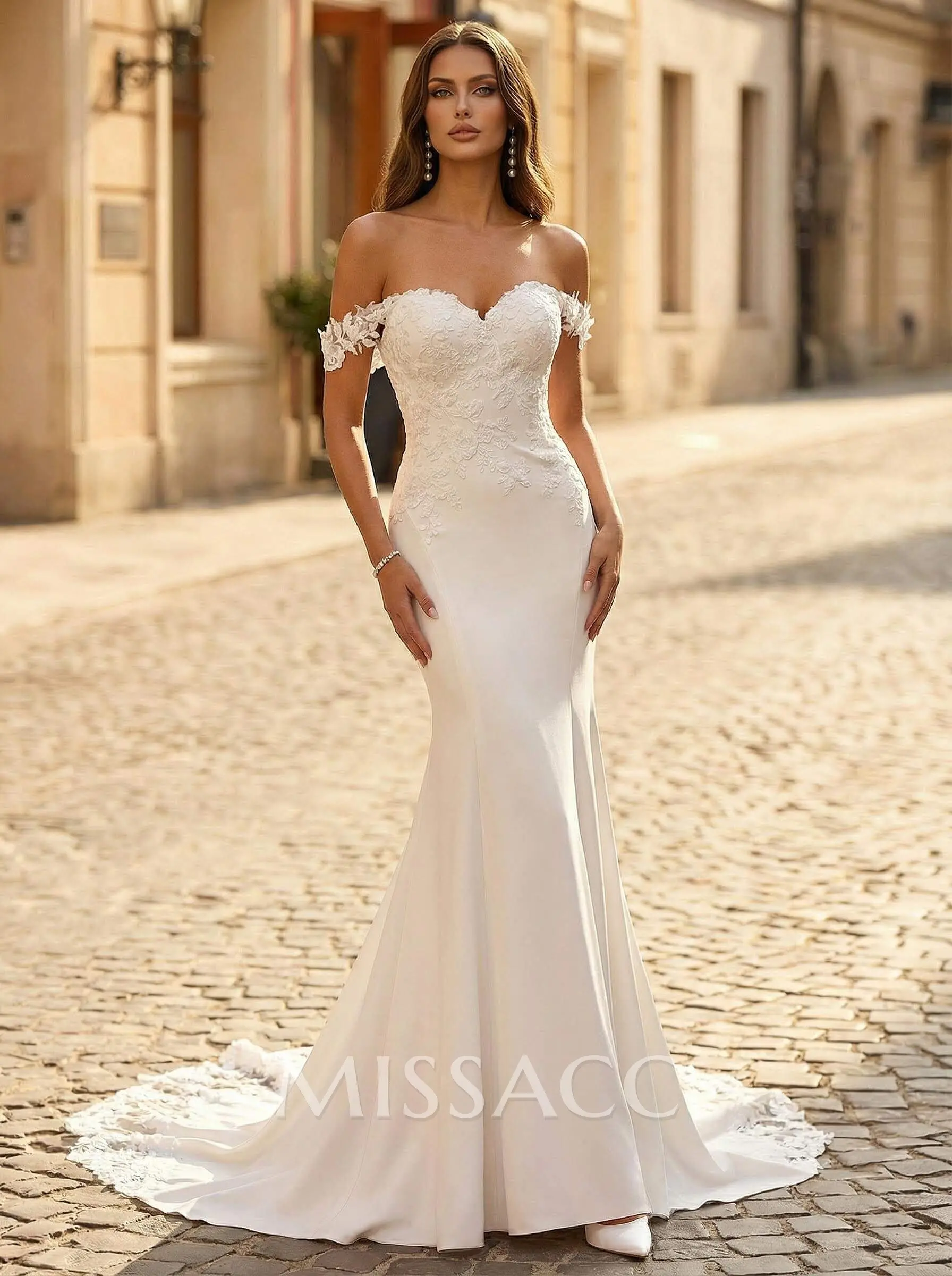 Trumpet/Mermaid Off-The-Shoulder Sleeveless Chapel Train Elastic Satin Wedding Dresses With Appliques Lace #SWD10501