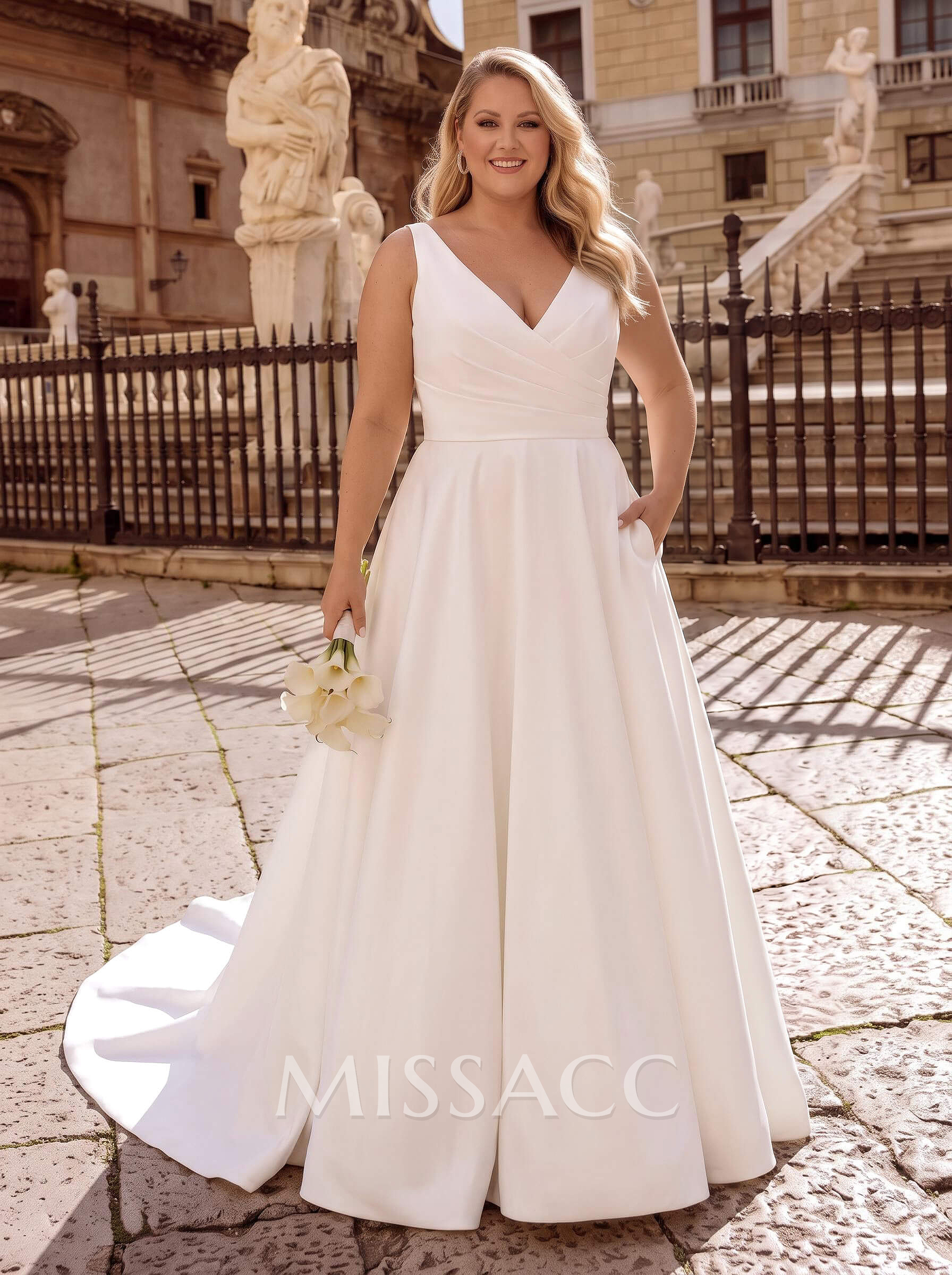 V-Neck Satin Ballgown Wedding Dresses