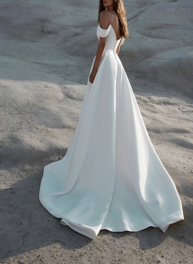 Modern Off The Shoulder Court Train Wedding Dress With Split Front