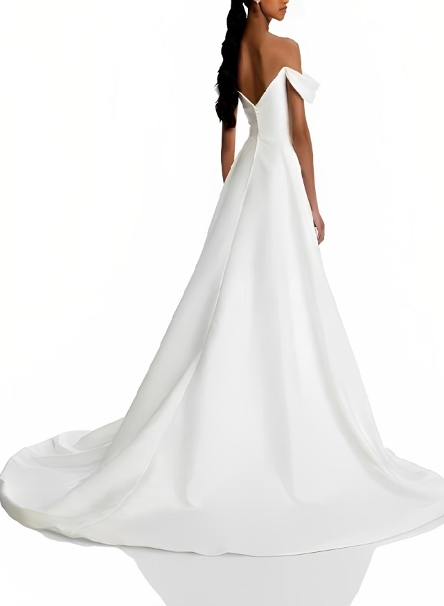 Modern Off The Shoulder Court Train Wedding Dress With Split Front