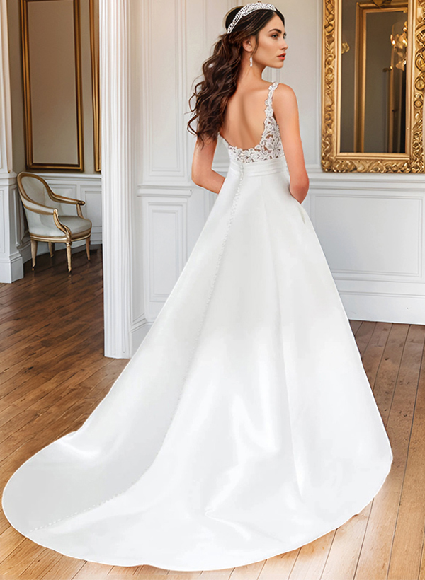 Lace Ball-Gown Satin V-Neck Wedding Dresses With Pockets