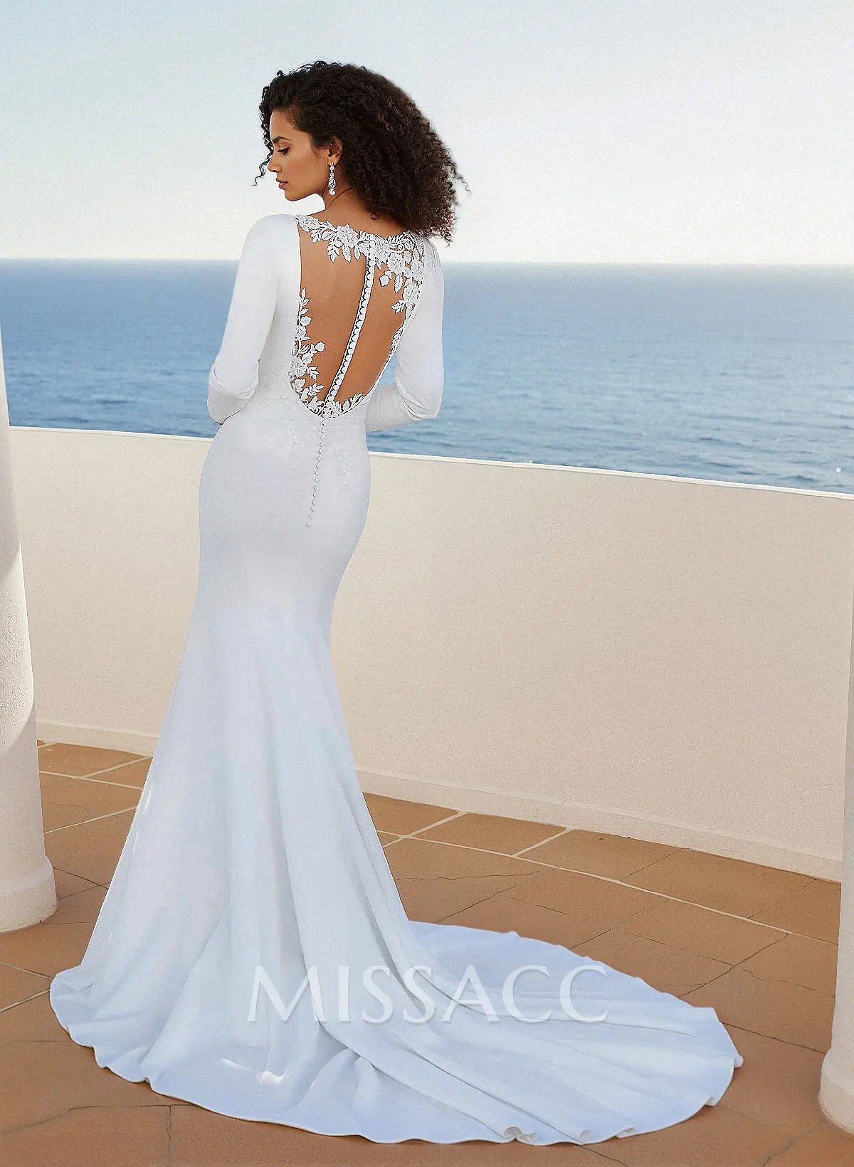 lace long sleeve trumpet wedding dress Embellished Sheer Sleeves Crepe Mermaid Bridal Dress