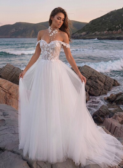 Boho Lace Princess Off-The-Shoulder Wedding Dresses With Tulle