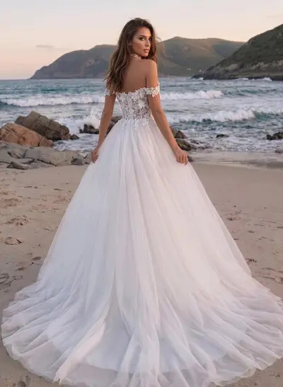 Boho Lace Princess Off-The-Shoulder Wedding Dresses With Tulle