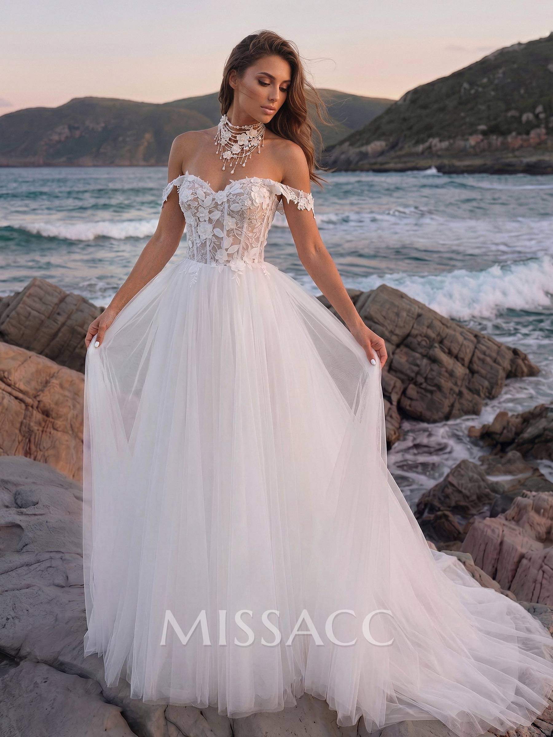 Boho Lace Princess Off-The-Shoulder Wedding Dresses With Tulle