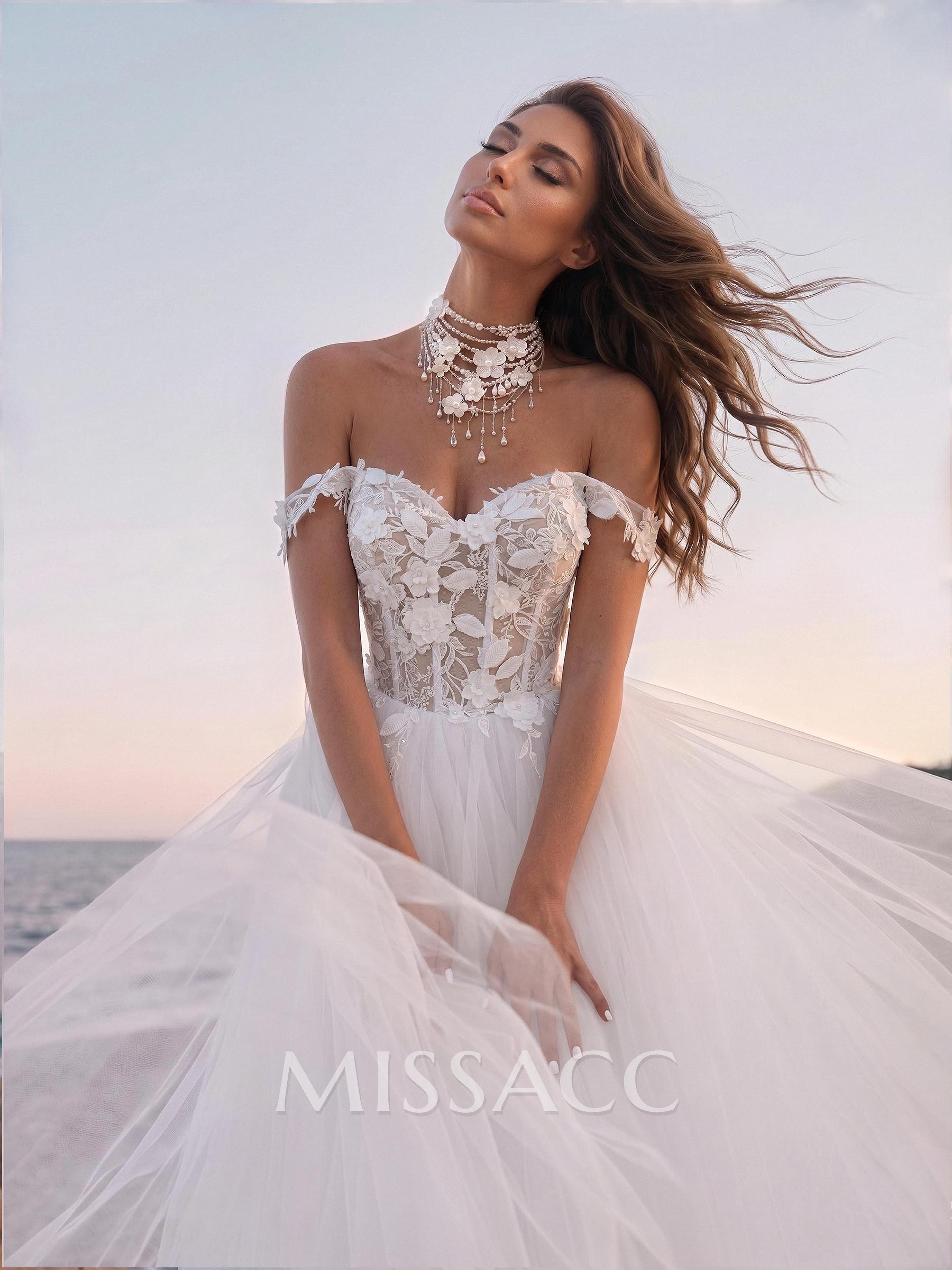 Boho Lace Princess Off-The-Shoulder Wedding Dresses With Tulle