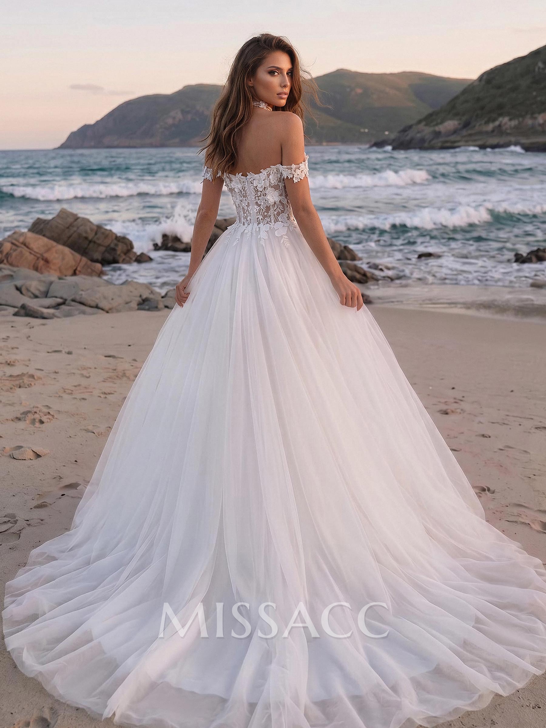 Boho Lace Princess Off-The-Shoulder Wedding Dresses With Tulle