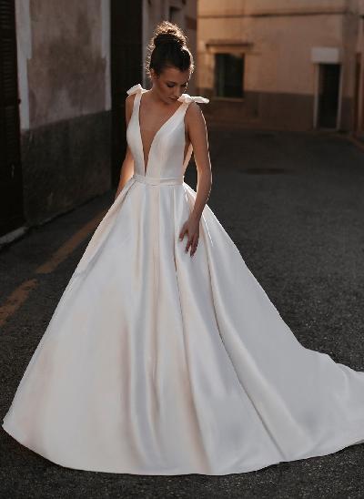 Modern Ball-Gown Satin V-Neck Wedding Dresses