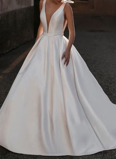 Modern Ball-Gown Satin V-Neck Wedding Dresses