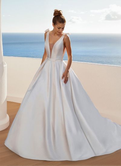 Modern Ball-Gown Satin V-Neck Wedding Dresses