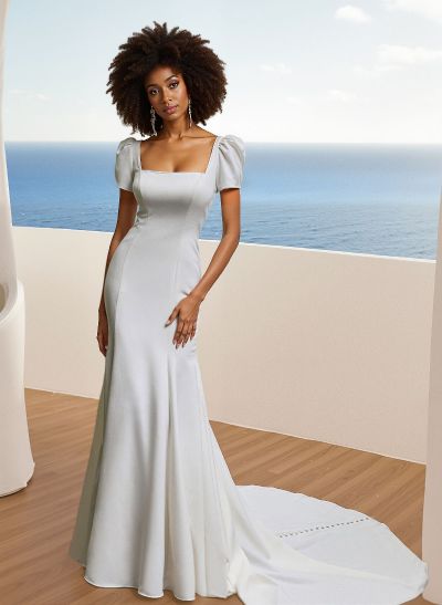 Square Neckline Trumpet/Mermaid Wedding Dresses With Satin