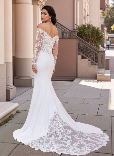 Lace Long Sleeves Off-The-Shoulder Wedding Dresses With Romantic Tulle