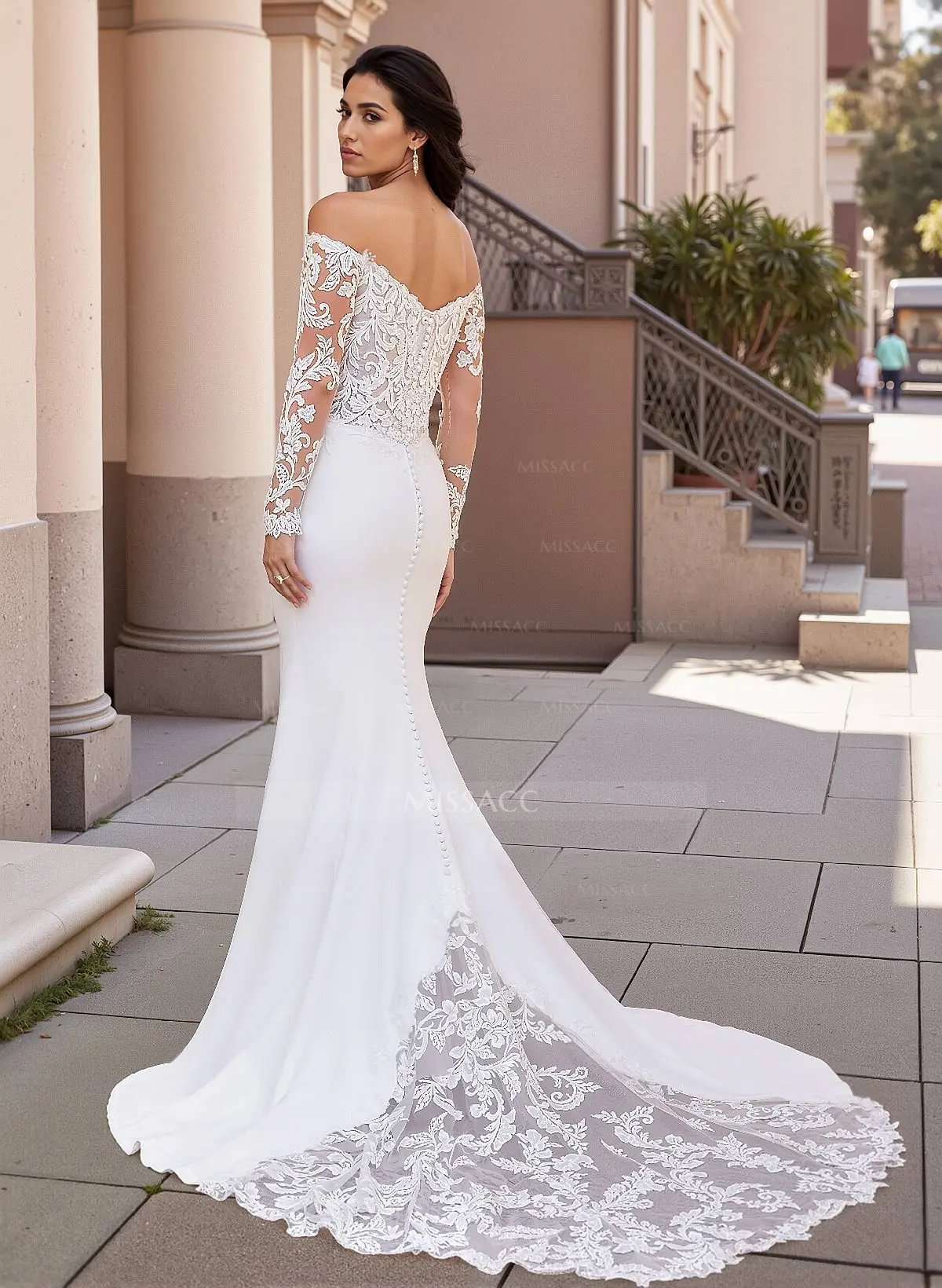 fitted lace wedding dress Open Back See Through Blue Lace Long Sleeve Long Prom Dress US16W / As Picture main image 0
