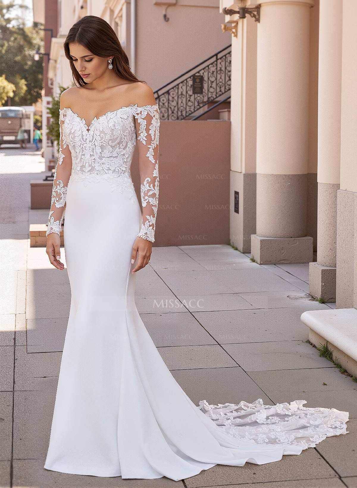 Lace Long Sleeves Off-The-Shoulder Wedding Dresses With Romantic Tulle