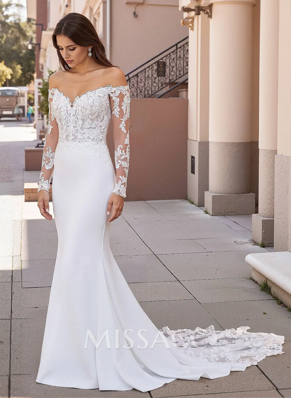Lace Long Sleeves Off-The-Shoulder Wedding Dresses With Romantic Tulle - Missacc Canada Lace Long Sleeves Off-The-Shoulder Wedding Dresses With Romantic Tulle - Missacc Canada
