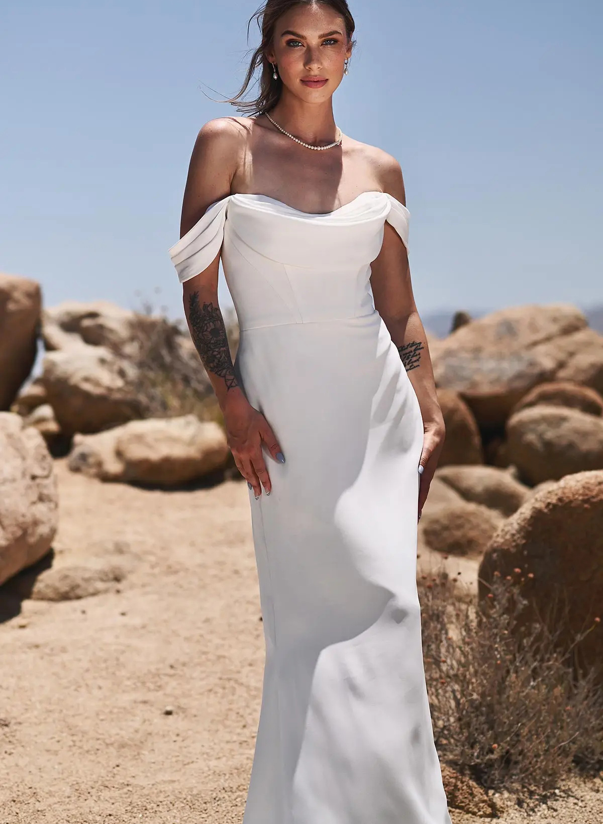 Simple Off-the-Shoulder Wedding Dresses With Cowl Neck 