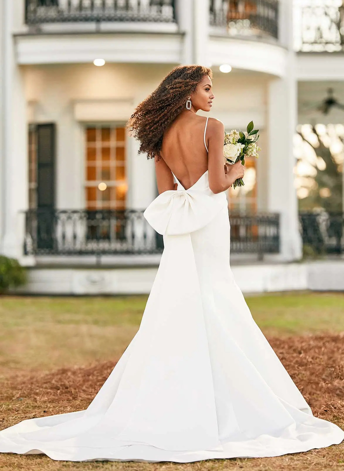 Simple Satin Open Back Wedding Dresses With Bow