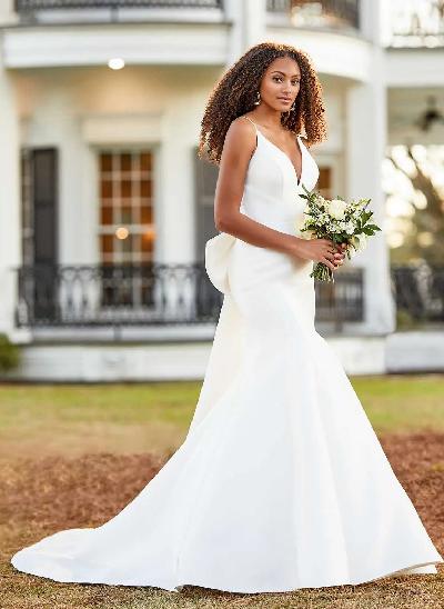 Simple Satin Open Back Wedding Dresses With Bow