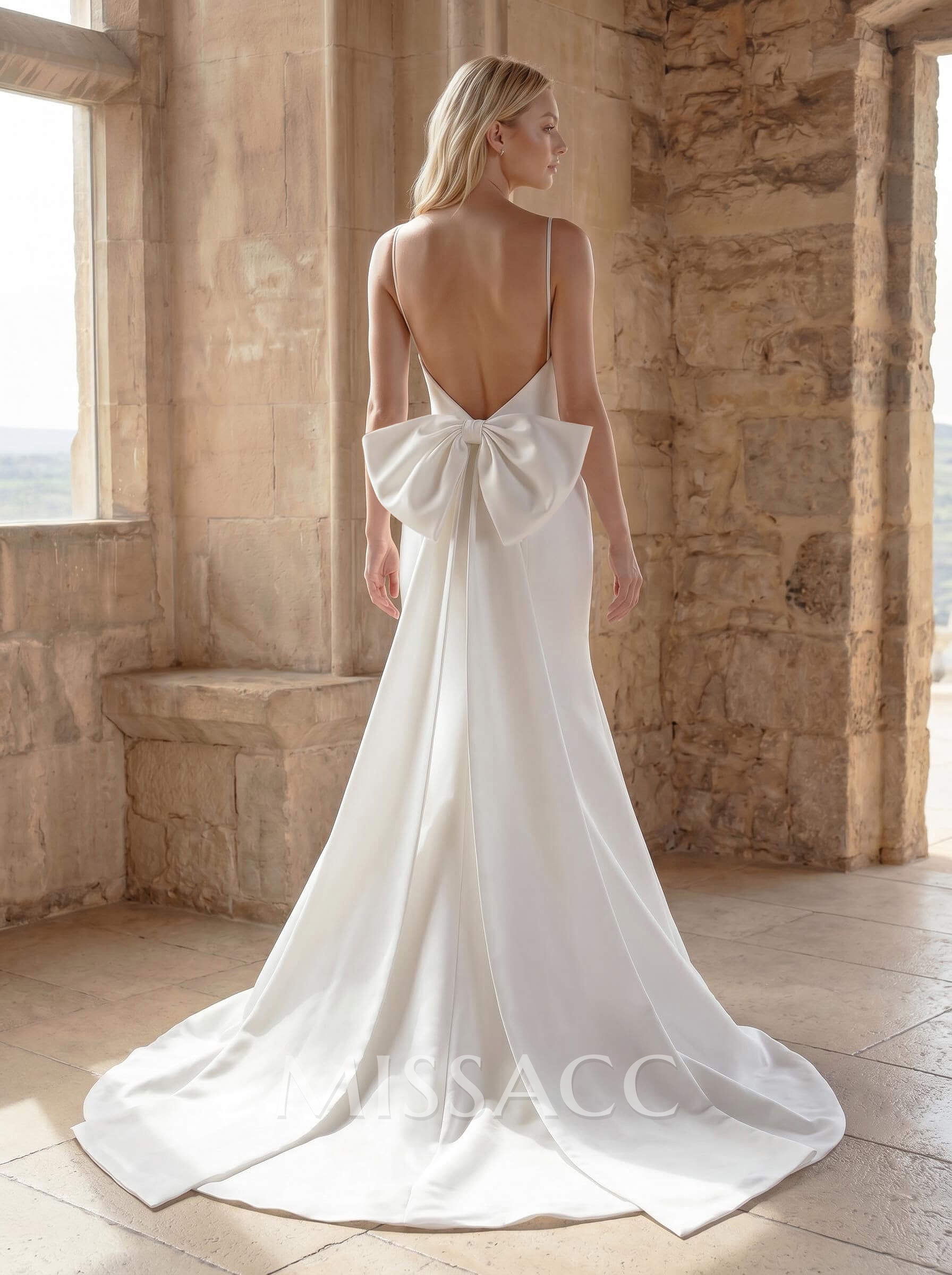 Simple Satin Open Back Wedding Dresses With Bow Simple Satin Open Back Wedding Dresses With Bow