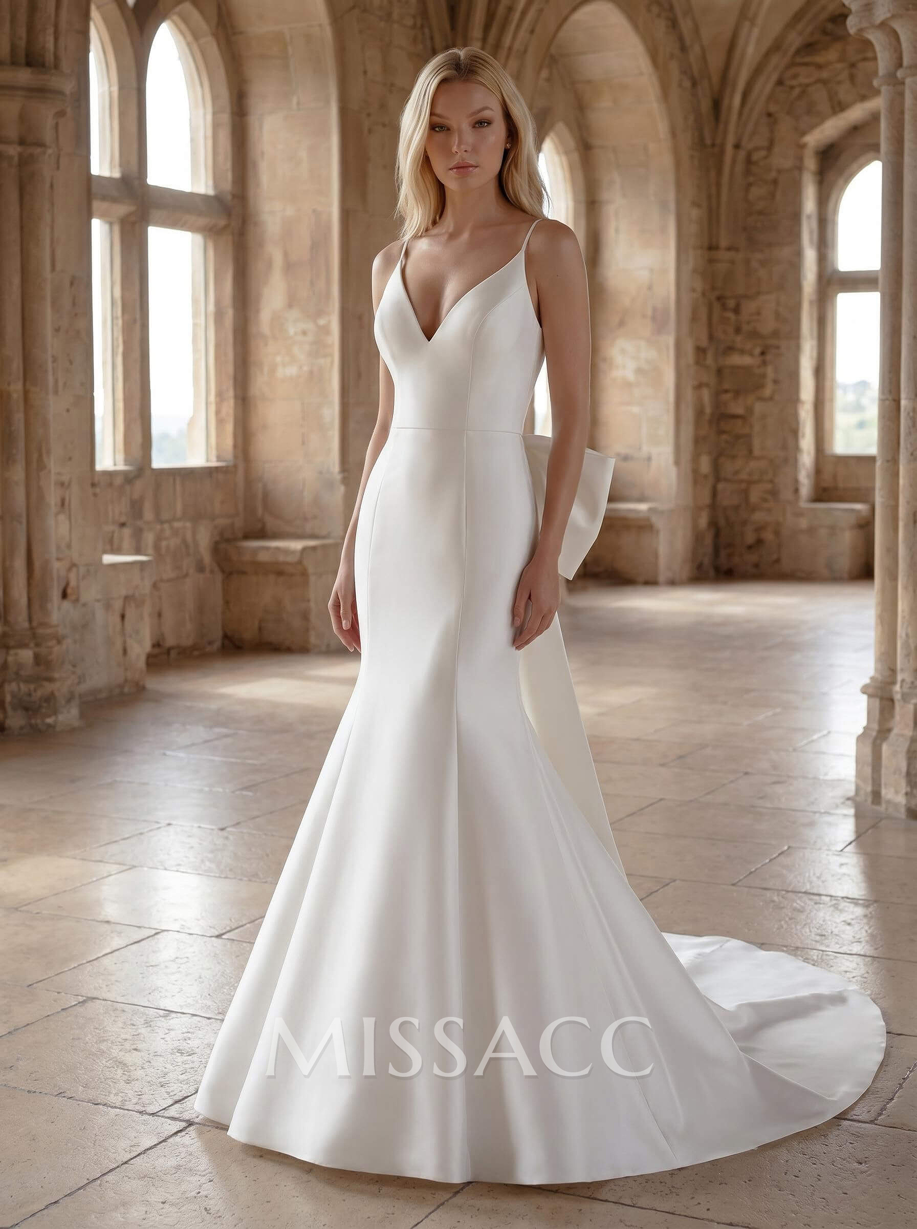 Simple Satin Open Back Wedding Dresses With Bow Simple Satin Open Back Wedding Dresses With Bow