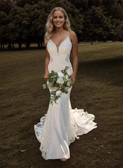Elegant Lace Fit And Flare Mermaid Wedding Dresses With Open Back