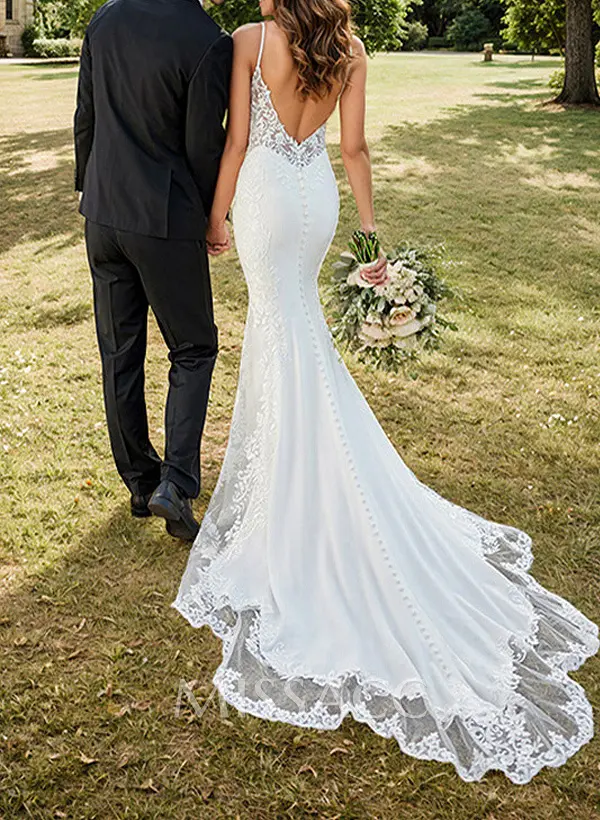 lace open back bridesmaid dresses Straps Mermaid Wedding Dresses Lace Appliqued Bridal Gowns US4 / White