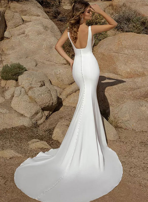 Simple Square Neckline Wedding Dress With Elastic Satin