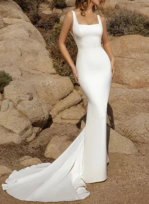 Missacc Ivory Bride Simple Square Neckline Wedding Dress With Elastic Satin Missacc Ivory Bride Simple Square Neckline Wedding Dress With Elastic Satin