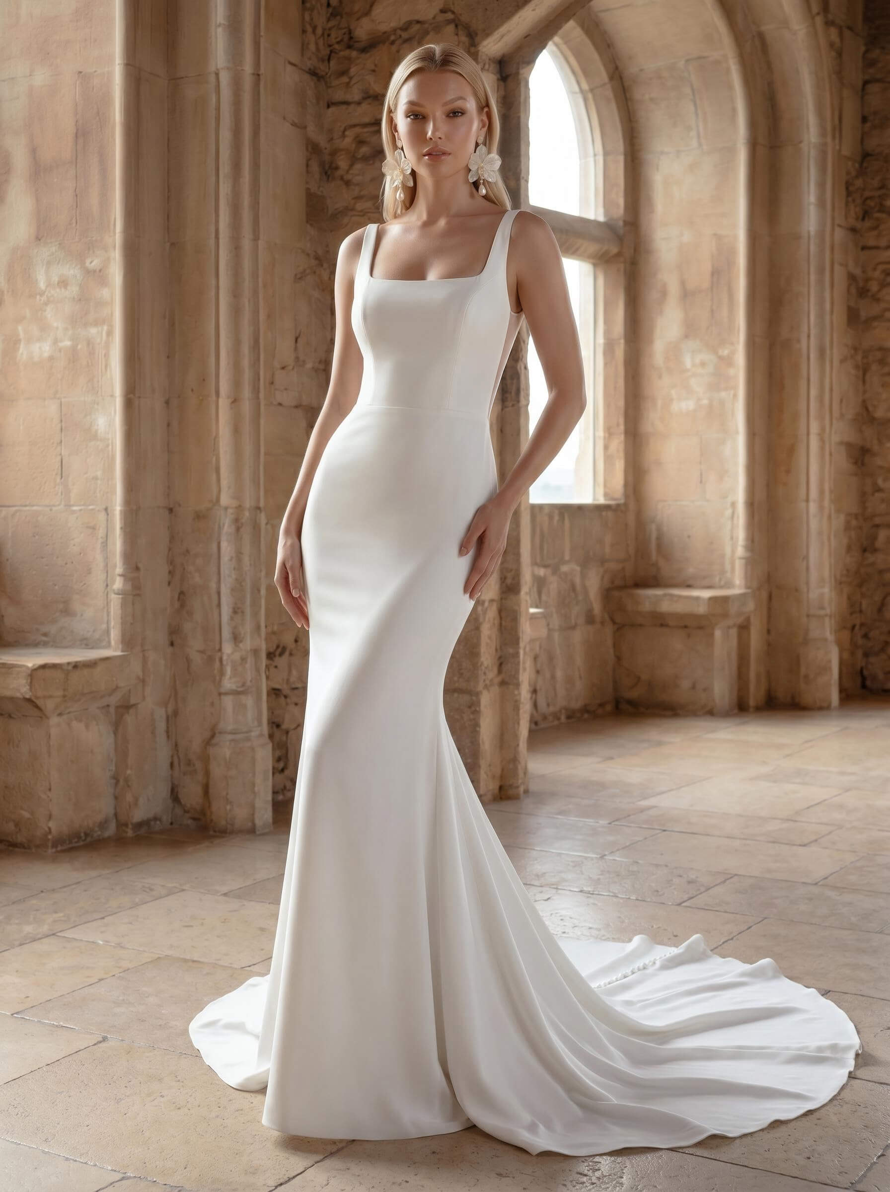 Simple Square Neckline Wedding Dress With Elastic Satin