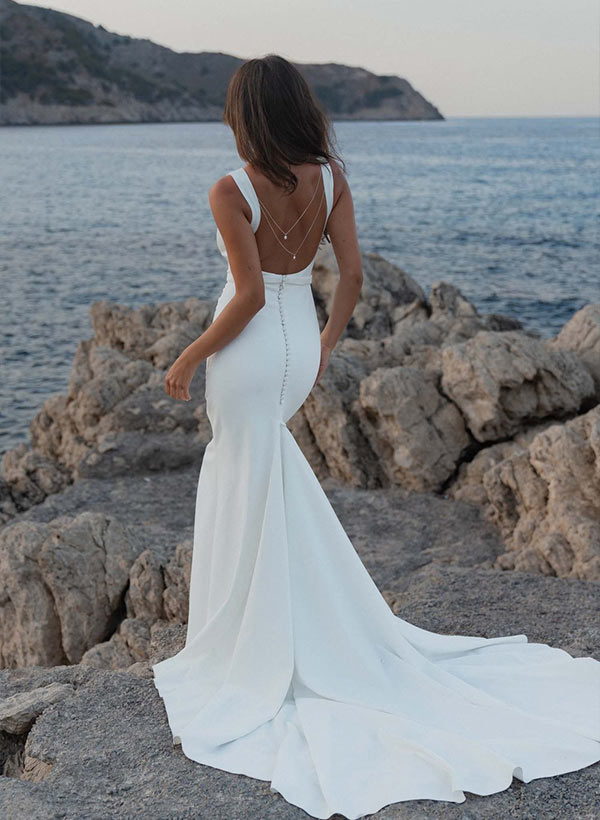 Minimalistic Open Back Pearl Wedding Dress 