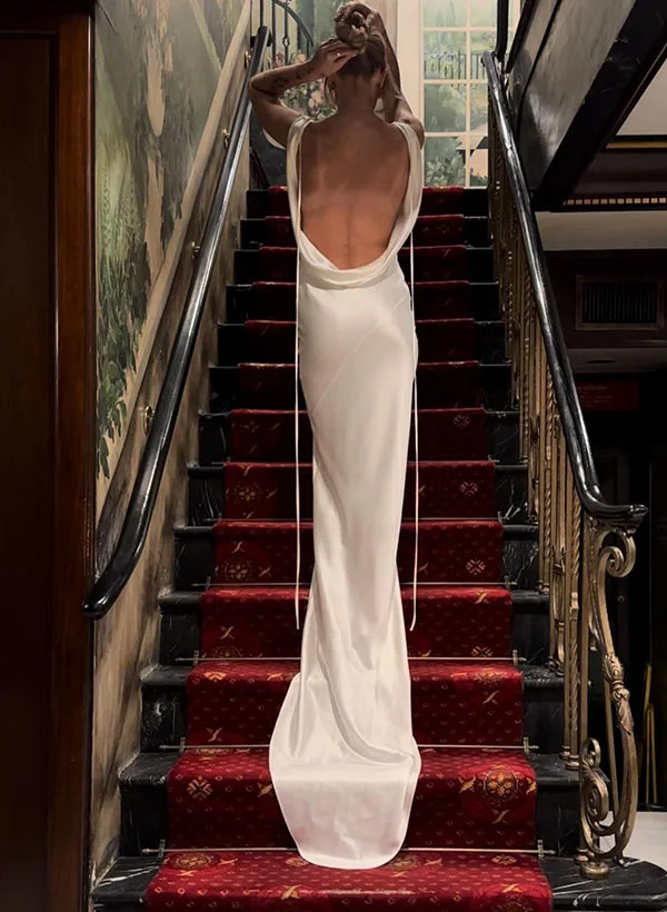 Missacc Ivory Bride Beach Open Back Silk Like Satin Wedding Dress Missacc Ivory Bride Beach Open Back Silk Like Satin Wedding Dress
