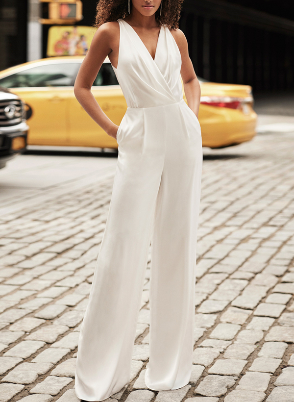 Jumpsuit/Pantsuit VNeck Sleeveless Elastic Satin FloorLength Wedding