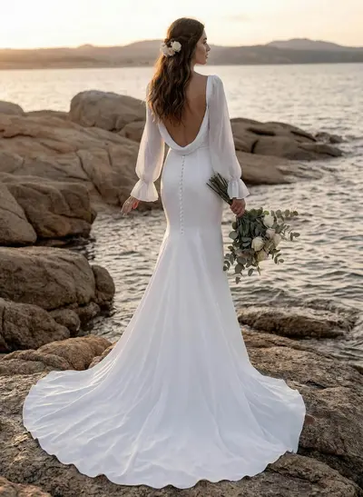 Long Sleeves Cowl Back Mermaid Wedding Dresses