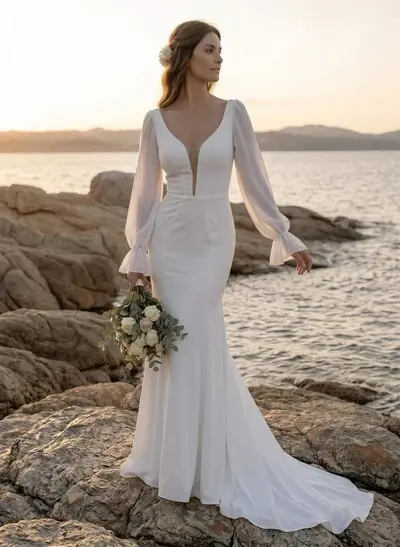 Long Sleeves Cowl Back Mermaid Wedding Dresses