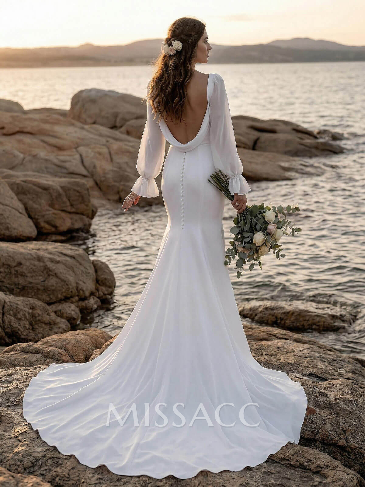 Long Sleeves Cowl Back Mermaid Wedding Dresses