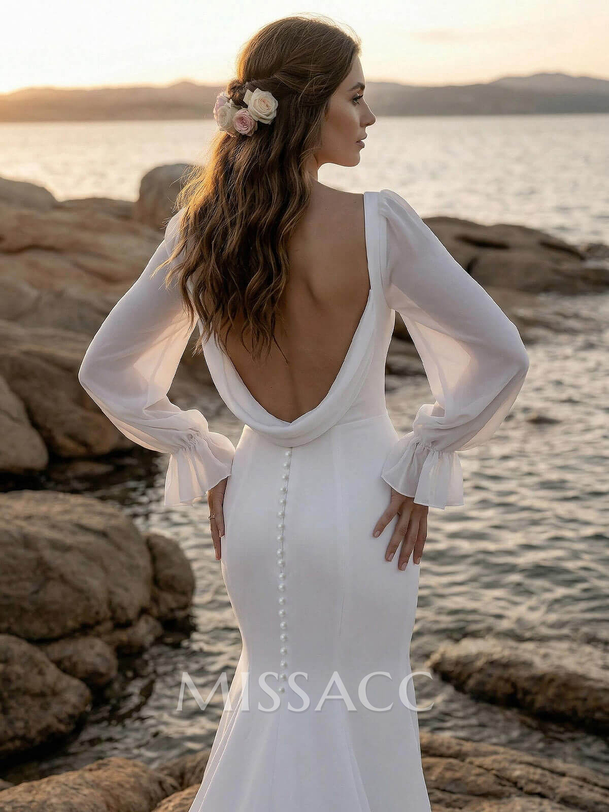 Long Sleeves Cowl Back Mermaid Wedding Dresses