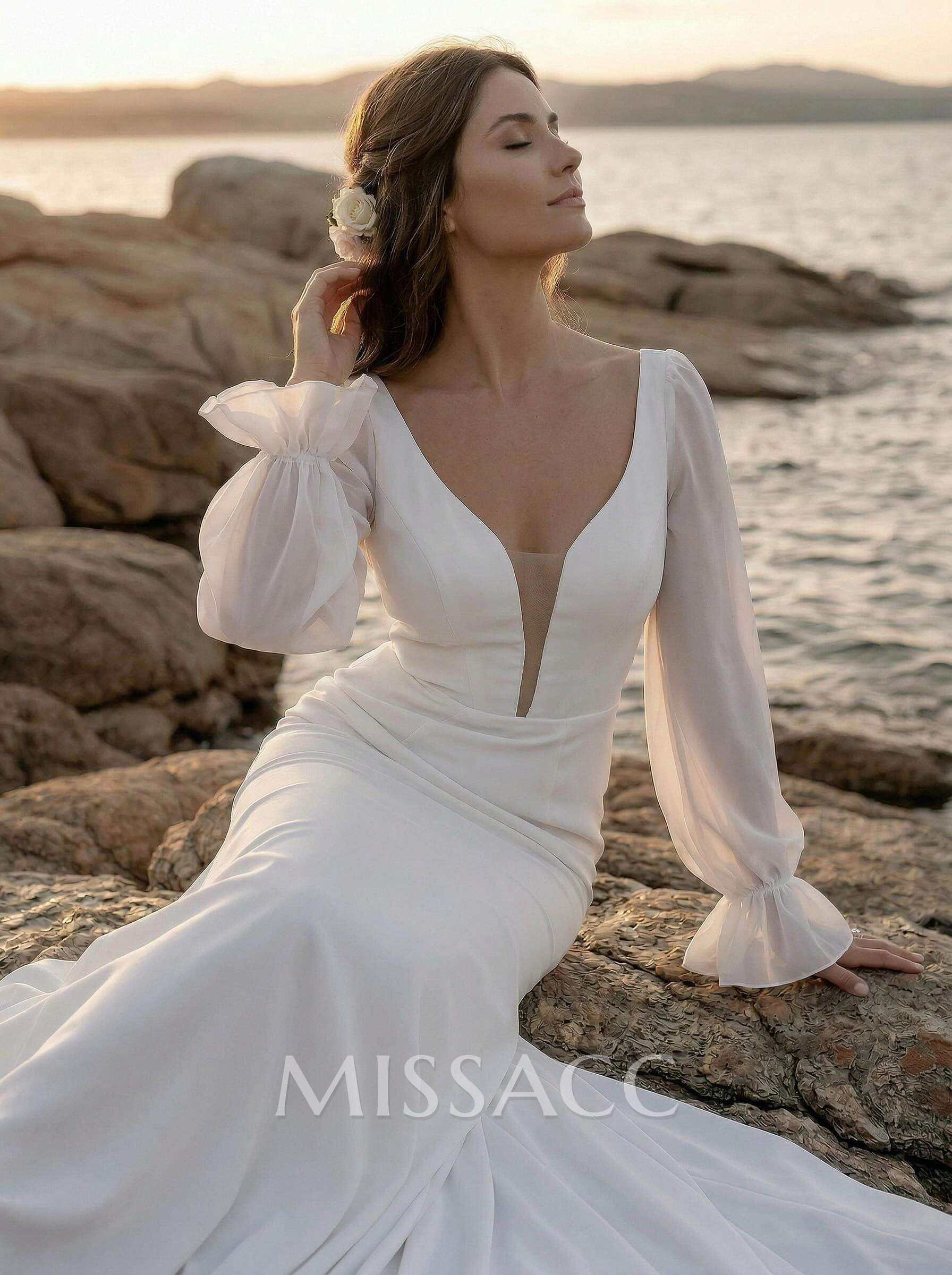 Long Sleeves Cowl Back Mermaid Wedding Dresses