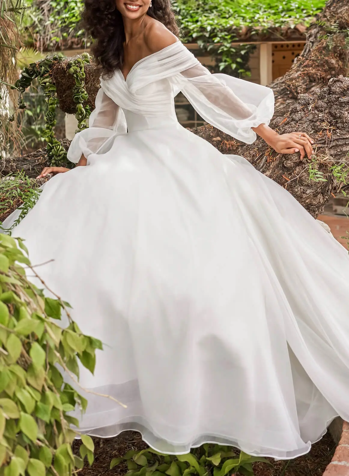 Abito da sposa lungo con spalle scoperte, linea A, scollo a V, in tulle lungo, avorio, 40