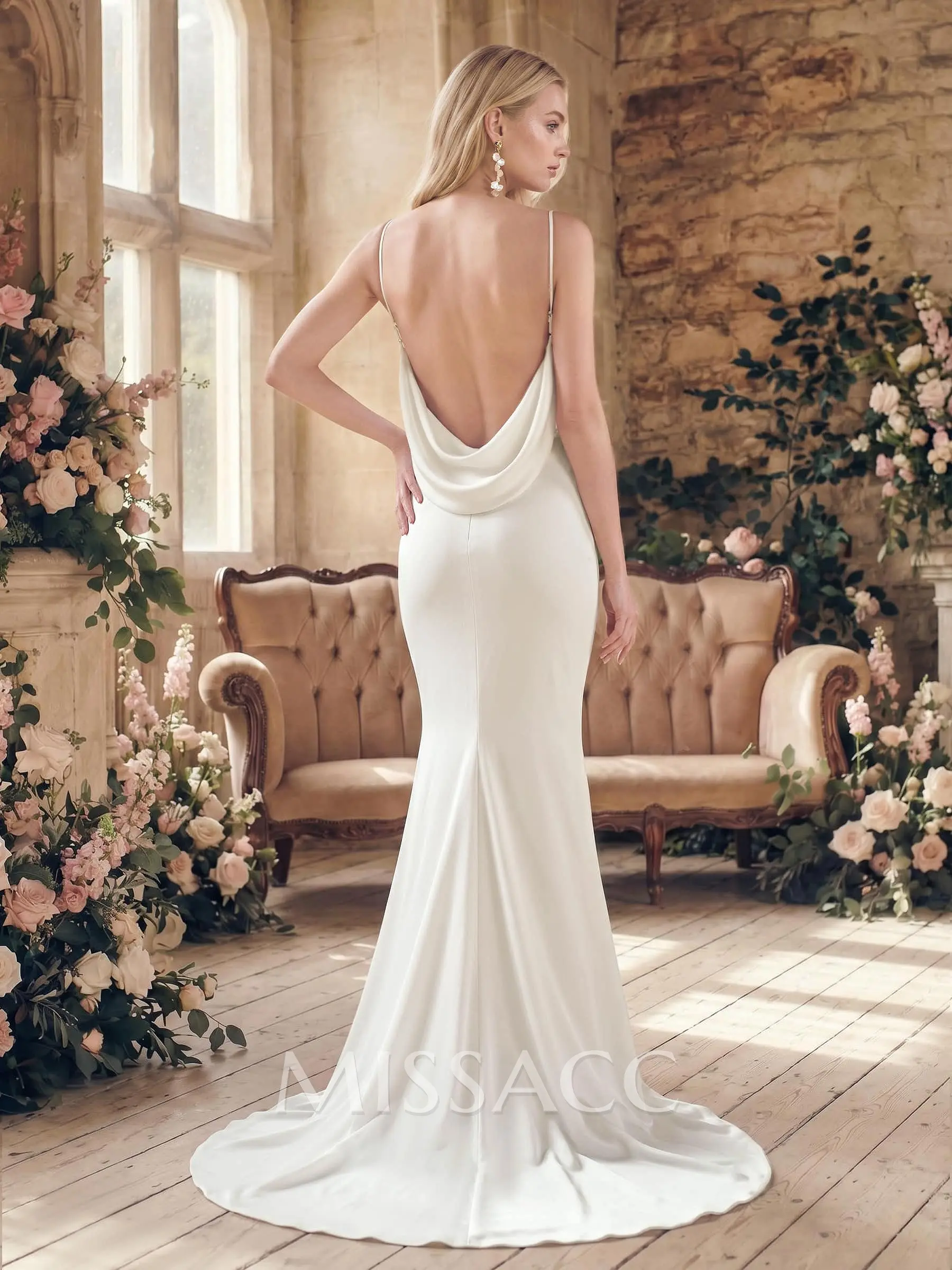 wedding dresses with the back open Elegant Mermaid V-neck Lace Court Train Musebridals Float down the aisle Lace Bodice Wedding Gown -