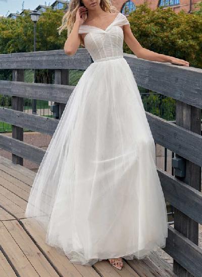 A-Line Tulle Sleeveless Sweep Train Wedding Dress 