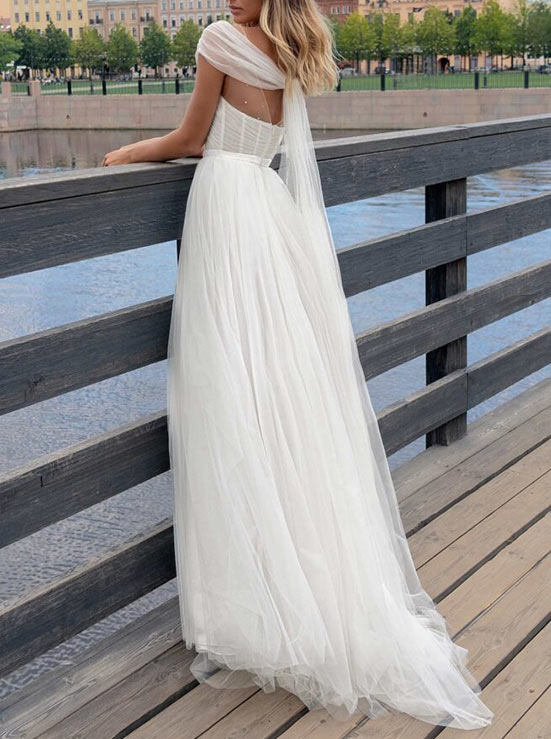 A-Line Tulle Sleeveless Sweep Train Wedding Dress 