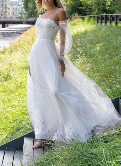 A-Line Long Sleeves Off-the-Shoulder Tulle Wedding Dress With Appliques Lace