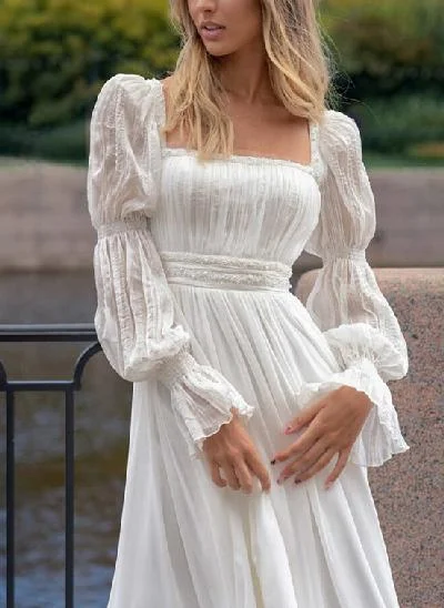 A-Line Square Neckline Long Sleeves Wedding Dress