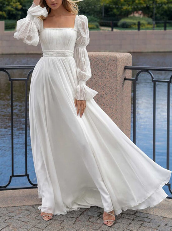 A-Line Square Neckline Long Sleeves Wedding Dress 