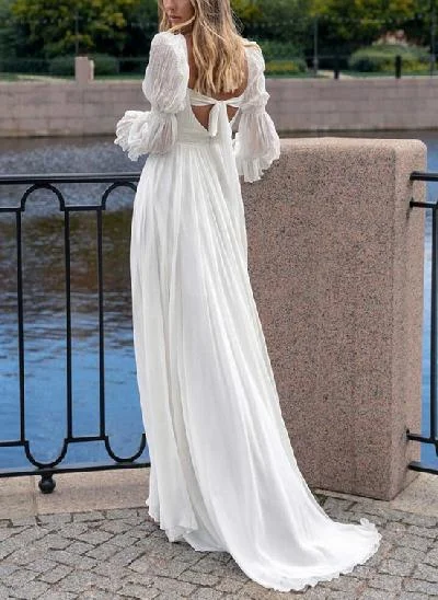 A-Line Square Neckline Long Sleeves Wedding Dress