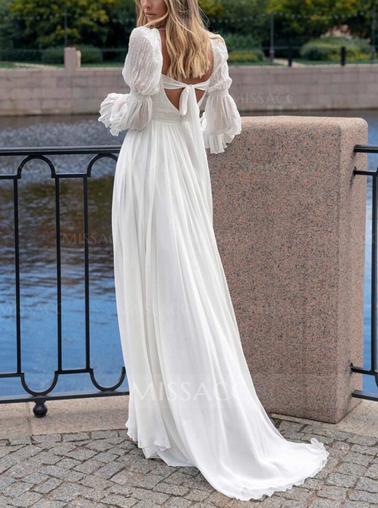 A-Line Square Neckline Long Sleeves Wedding Dress 