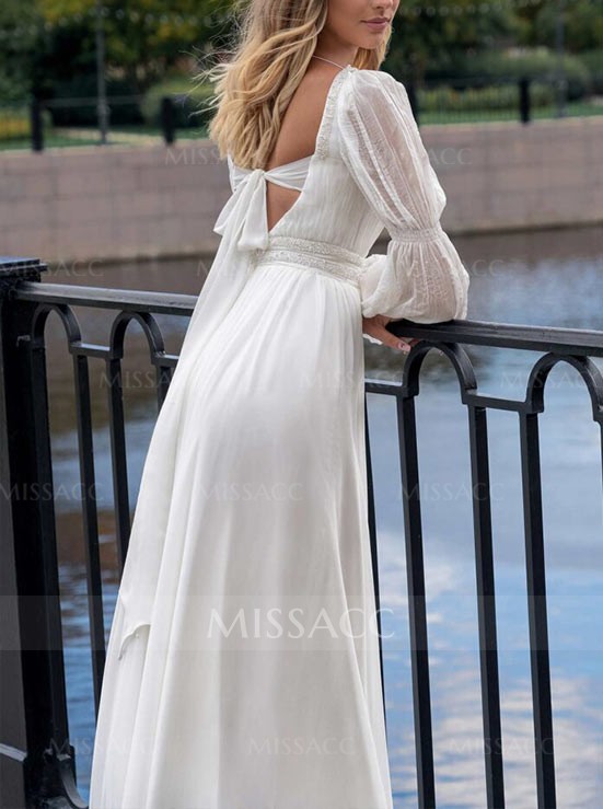 A-Line Square Neckline Long Sleeves Wedding Dress 